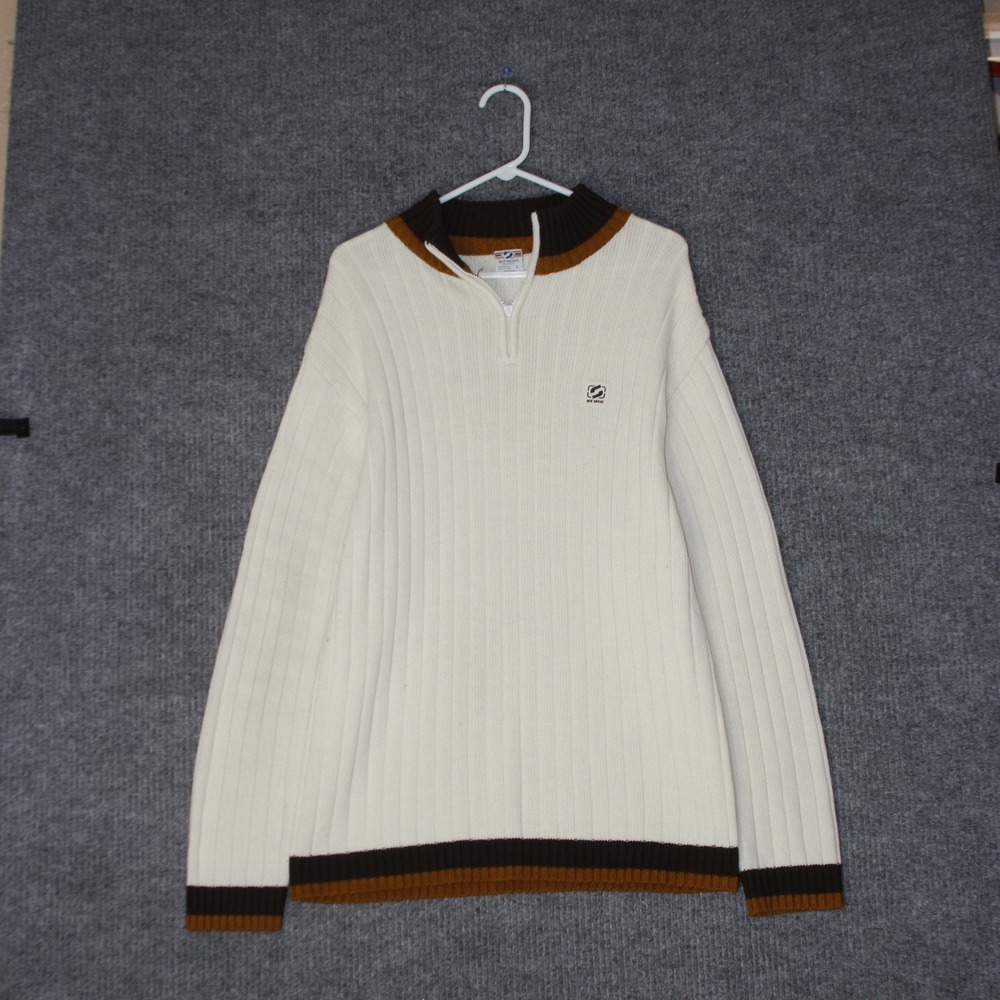 Vintage Old Skool‎ Sweater Mens L Cream Brown Quarter Zip Ribbed Knit Urban Wear